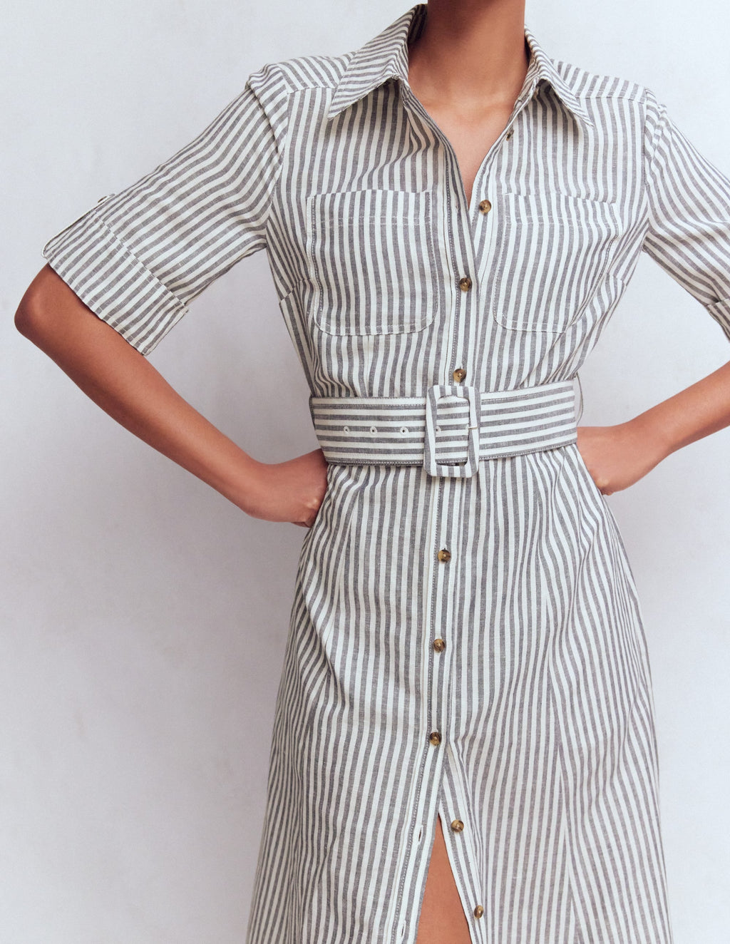Ora Linen Blend Shirt Dress-Navy Ivory Stripe