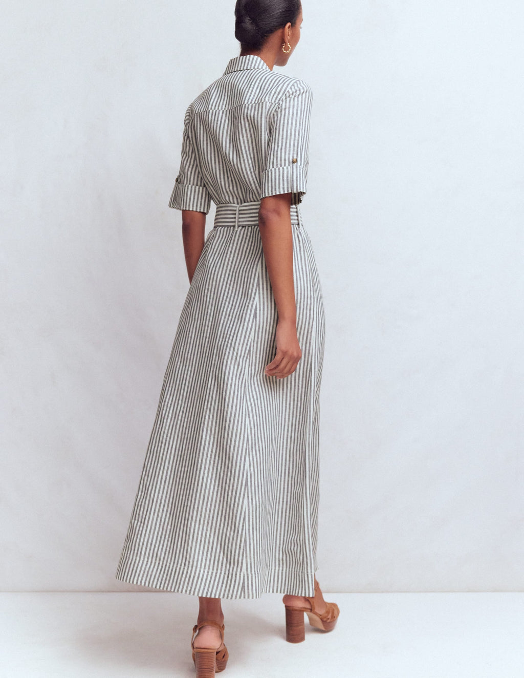 Ora Linen Blend Shirt Dress-Navy Ivory Stripe