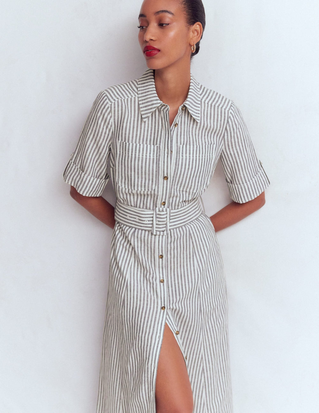 Ora Linen Blend Shirt Dress-Navy Ivory Stripe