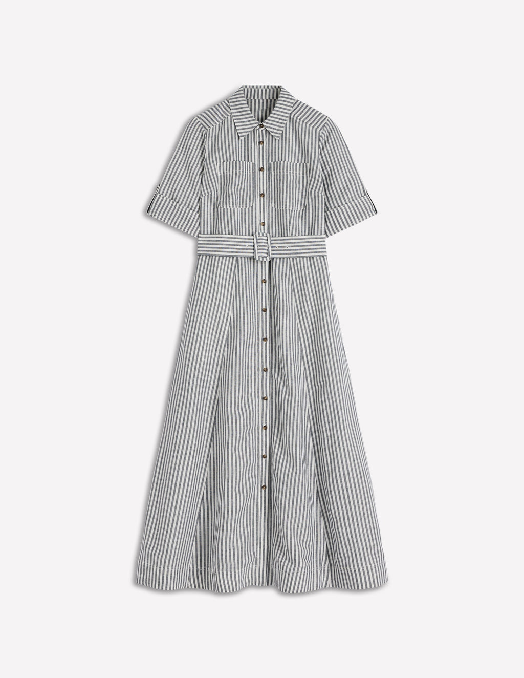 Ora Linen Blend Shirt Dress-Navy Ivory Stripe
